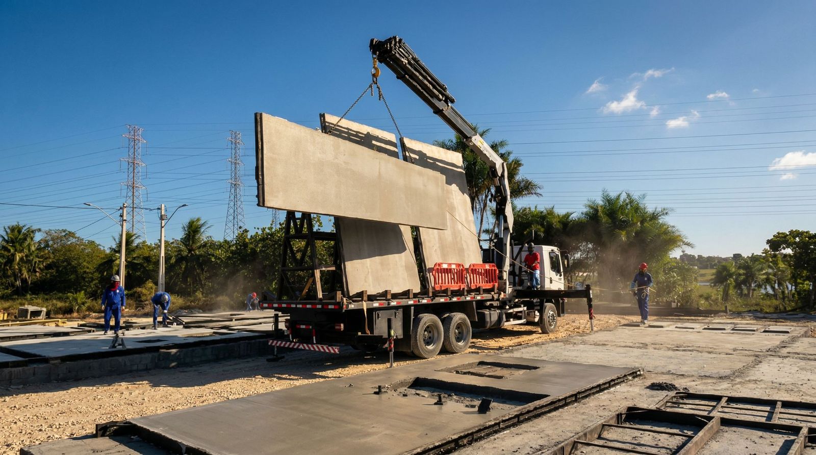 Painéis carregados no caminhão para transporte até o canteiro